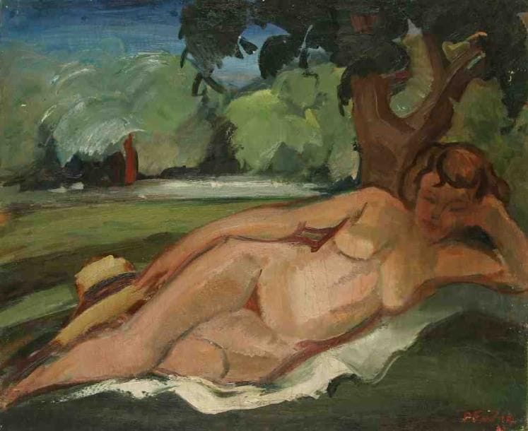 Pierre FAVRE (1906-1983)
Femme nue allongée, 1933. Huile sur toile. Signée et datée en bas à droite. 60 x 73 cm