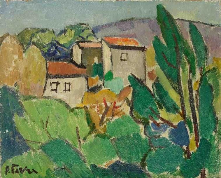 Pierre FAVRE (1906-1983)
Mas provençal. Huile sur toile. Signée en bas à gauche. 22 x 27 cm. Exposition: Galerie Pierre Puget, Bandol, Août 1967, n°26
