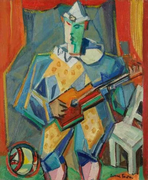 Pierre FAVRE (1906-1983)
Le clown guitariste. Huile sur toile. Signée en bas à droite. Signée au dos. 46 x 38 cm