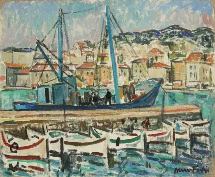 Pierre FAVRE (1906-1983)
Bateaux au port. Huile sur toile. Signée en bas à droite. 38 x 46 cm. Exposition: Galerie Pierre Puget, Bandol, Août 1967, n°5