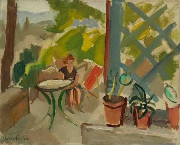 Pierre FAVRE (1906-1983)
Repos sur la terrasse. Huile sur toile. Signée en bas à gauche. (Usures). 33 x 41 cm. Exposition: Galerie Pierre Puget, Bandol, Août 1967, n°15