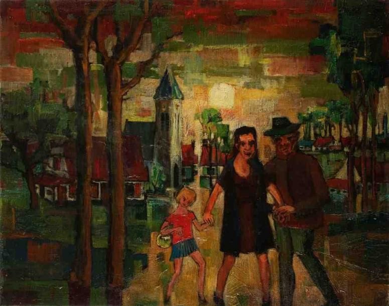 Joris HOUWEN (1925-1998)
Famille au village. Huile sur toile. Signée en bas à gauche. 73 x 92 cm