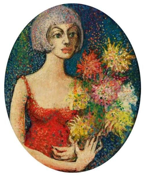 Joris HOUWEN (1925-1998)
Femme au bouquet. Huile sur carton. Signée en bas à droite. 21 x 17 cm