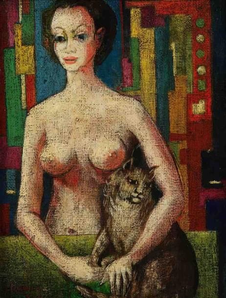 Joris HOUWEN (1925-1998)
Femme au chat. Huile sur toile. Signée en bas à gauche. 25 x 19 cm