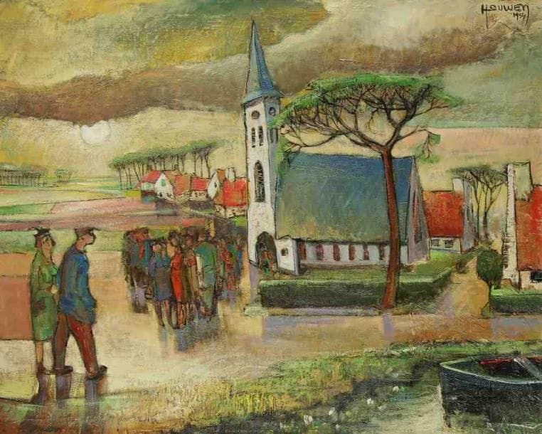Joris HOUWEN (1925-1998)
La sortie de l?église, 1954. Huile sur toile. Signée et datée en haut à droite. 81 x 100 cm