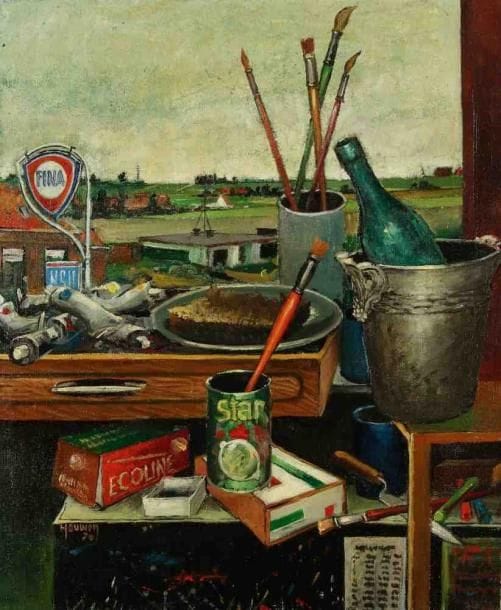 Joris HOUWEN (1925-1998)
L?atelier du peintre, 1970. Huile sur toile. Signée et datée en bas à gauche. 65 x 54 cm