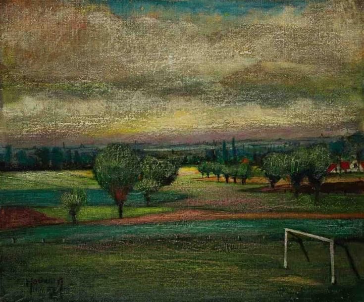 Joris HOUWEN (1925-1998)
Le stade, 1967. Huile sur carton. Signée et datée en bas à gauche. 46 x 55 cm