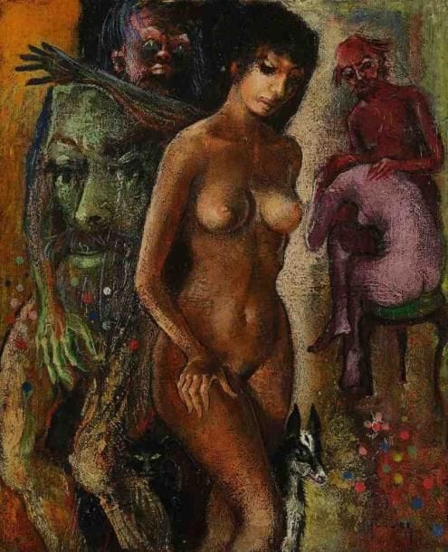 Joris HOUWEN (1925-1998)
Nu à la biche, 1970. Huile sur carton. Signée et datée en bas à droite. 37 x 30 cm