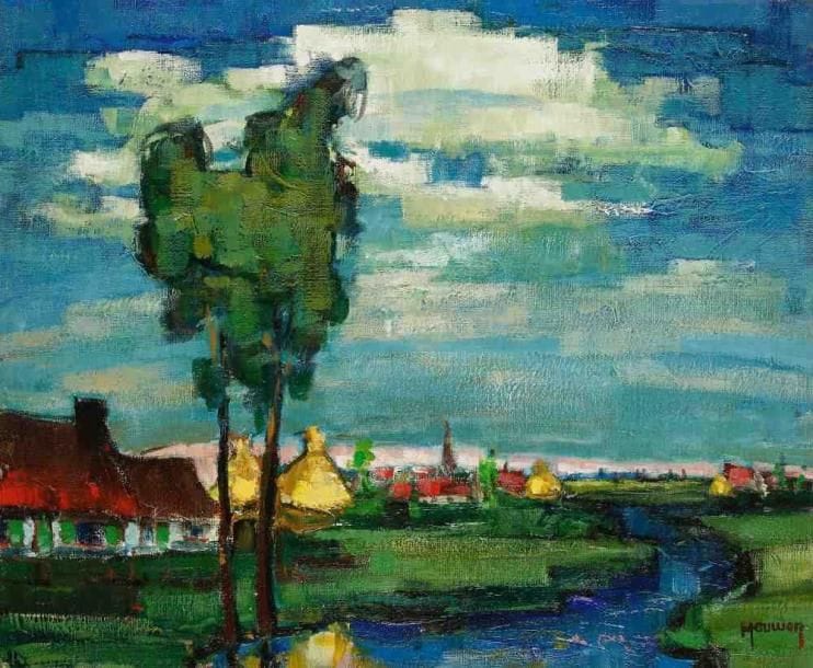 Joris HOUWEN (1925-1998)
Village au bord de la rivière. Huile sur toile. Signée en bas à droite. 50 x 61 cm