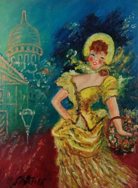 M. CARTIER (XXe siècle)
Élégante au panier à Montmartre. Huile sur panneau. Signée en bas à gauche. 35 x 26 cm