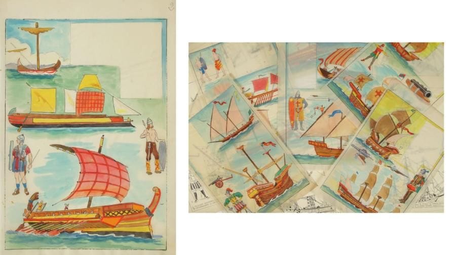 Henri ISELIN
HISTOIRE DE LA MARINE À VOILE: 1 - DES ÉGYPTIENS JUSQU'AU XVIIe SIÈCLE, 6 planches 25 x 36 à l'encre de Chine. - 2 - DU XVIIe SIÈCLE JUSQU'AU BATEAU À VAPEUR DU XIXe, 6 dessins sur une planche 32 x 42 à l'encre de Chine. Chaque planche est signée. Joint: les mises en couleurs des 6 premières planches par le dessinateur, 6 x 25 x 36, sur calques