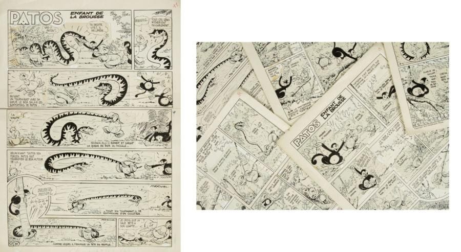 MARIJAC
PATOS, ENFANT DE LA BROUSSE: PATOS CONTRE TARTEZAN. 5 planches à l'encre de Chine, 28 x 40, dont 4 signées, pour cette aventure publiée dans «le Journal de Bébé» en 1939, puis «Coq Hardi» en 1950 et enfin «Le Journal de Nano et Nanette» en 1964. Pittoresques histoires animalières, mettant en scène le jeune éléphant Patos et un gigantesque boa, ainsi que le singe Tartezan, la petite autruche Joséphine et l'irascible Rhinocéros, dans un graphisme très original de MARIJAC