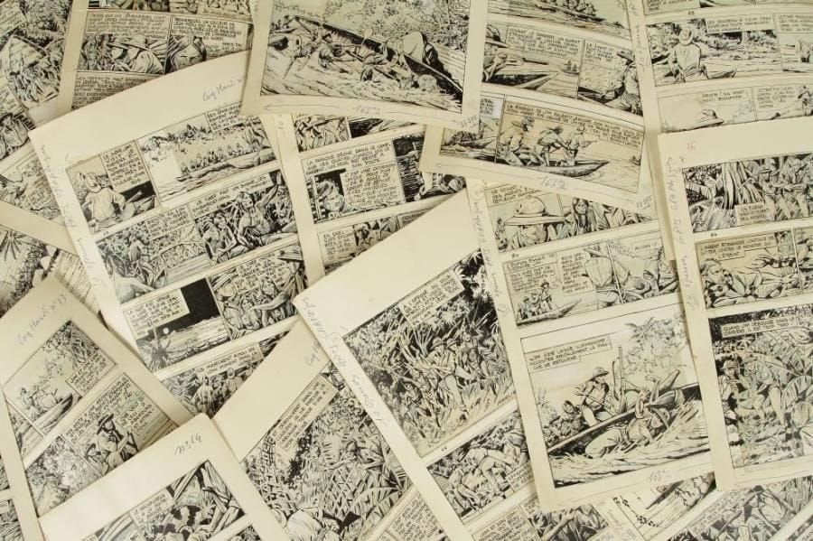 MARIJAC
JIM BOUM: CHASSE À L'HOMME AU PAYS DES JIVAROS. 47 planches 20 x 30, à l'encre de Chine, dont 19 signées. L'une des plus fameuses aventures du héros de MARIJAC (suite de L'IRRADIUM x 40), publiée dans «Coq Hardi» en 1955 (planches remontées)