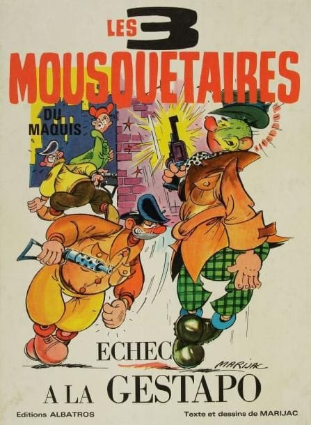 MARIJAC
LES TROIS MOUSQUETAIRES DU MAQUIS: ÉCHEC À LA GESTAPO. Un grand classique paru dans «Coq Hardi» à la Libération. Ensemble de 42 planches à l'encre de Chine, dont 9 signées, formats divers (la plupart 24 x 30), entièrement remontées, voire redessinées (nombreuses variantes), par l'auteur en vue de la publication en album aux éditions Albatros (1968). Deux planches semblent avoir disparu (les pages 40 et 41), ici remplacées par deux feuillets de l'album. Sept cases sont en photocopie. Joint: l'album, cartonné et tout en couleurs