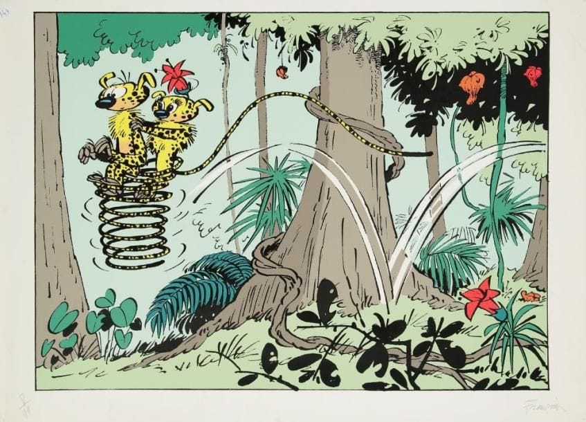 FRANQUIN
LE COUPLE DE MARSUPILAMIS DANS LEUR FORÊT - Très rare sérigraphie tirée à 99 exemplaires sur papier fort Steinbach, numérotée 8 et signée par FRANQUIN, 70 x 50, bel état (petits trous de punaises dans les angles de la marge)