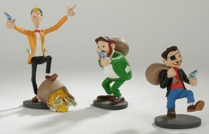 PIEDS NICKELÉS (LES) - CROQUIGNOL, RIBOULDINGUE et FILOCHARD, 3 statuettes (Hauteur: 13, 14 et 19 cm), résine, collection ATTAKUS, atelier BOMBYX. Réalisées à 888 exemplaires. Sans boite mais avec 4 certificats (47 et 102)