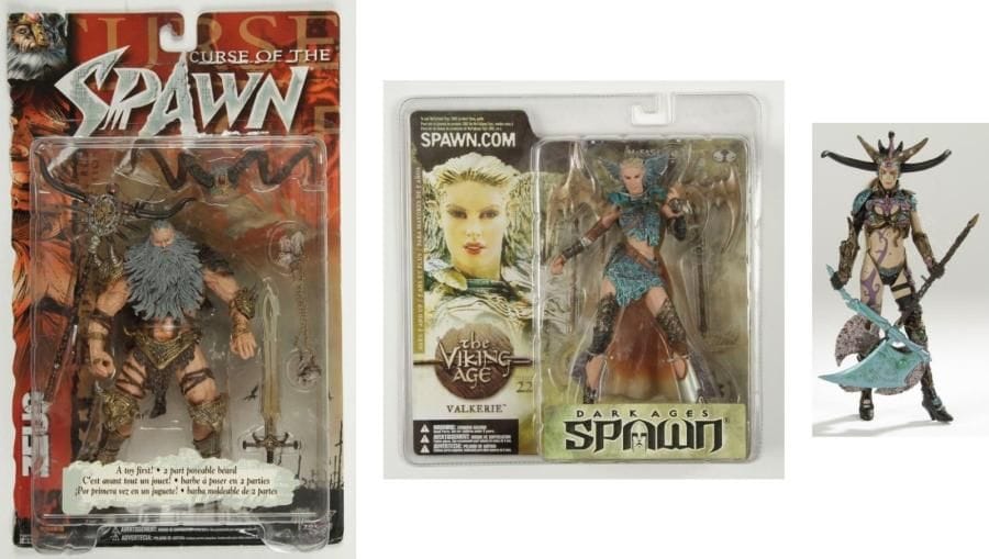 ZEUS (CURSE OF THE SPAWN). Mac Farlane Toys. Hauteur: 18 cm - VALKERIE (DARK AGES, THE VIKING AGE, SPAWN). Id. - Joint: GUERRIÈRE AUX DEUX HACHES (sans boite). 3 personnages
