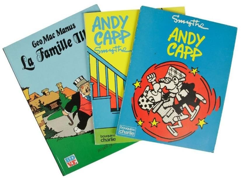 ANDY CAPP - AVENTURES (SMYTHE) T. I et T. II. Bouquins Charlie, éditions du Square, 1978 et 1979, 2 volumes 21 x 27 brochés, état neuf. Joint: LA FAMILLE ILLICO (Geo MAC MANUS). Glénat 1980. 1 volume 21 x 29 cartonné, état neuf