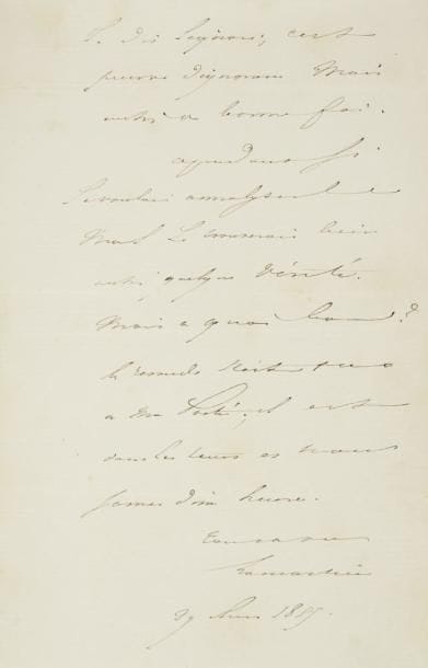 Alphonse de Lamartine (1790-1869)
L.A.S., 29 juin 1855, à Louis-Julien Larcher, compositeur d?imprimerie; 3 pages in-8, enveloppe. Critique du socialisme.{CR}«Ce n?est pas le motif car si le salaire est faible en argent à la campagne la vie aussi y est presque gratuite. Vous cherchez la cause dans la faim comme tous les socialistes modernes, elle est dans l?âme. Ce qui tue le socialisme c?est qu?il est un écoulement du matérialisme, par conséquent un mensonge. Il réduit le problème social à une question de consommation. Il nous avilit ainsi [...] si je voulais annalyser le mal je trouverais bien aussi quelque vérité. Mais à quoi bon ? Le remède n?est pas à ma portée; il est dans les tems et nous sommes d?une heure»...{CR}Correspondance générale, t. VI, p. 609 (55-14).{CR}