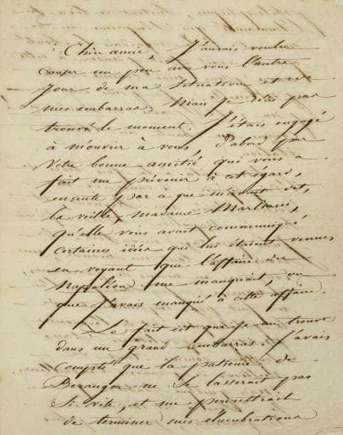 Pierre LEROUX (1797-1871)
2 L.A.S. et 1 L.A., 1840-1851, à George Sand; 14 pages in-4 ou in-8. [Octobre 1840]. Longue lettre relative au projet d?une Vie de Napoléon que Leroux devait écrire avec Béranger, à l?impression de son livre De l?Humanité, à l?arrêt de son Encyclopédie à cause du différend avec Jean Reynaud, et à ses graves ennuis d?argent... «Aux yeux de bien des gens, je suis un insensé d?avoir fait obstinément de la philosophie, quand la misère me talonne si rudement tous les jours; et je suis coupable d?avoir eu recours, dans le besoin, à mes amis. Que Dieu bénisse ces beaux jugeurs ! Moi je crois que le monde étant fort mal organisé sous le rapport du travail, comme sous tous les rapports possibles, je ne puis être irréprochable. Je sens que je ne vis pas bien de cette façon, et que cet état où l?individu dépend matériellement des autres hommes n?est pas normal. Mais je l?accepte comme un malheur, tout en tâchant de m?y soustraire. Vous, chère amie, qui ne jugez pas comme le vulgaire, mais qui avez autant de goût que d?indépendance et de force d?âme, conseillez-moi. Vous êtes hors de la question que je vous pose, tandis que moi je suis dedans et aveuglé par conséquent»...{CR}15 juillet 1844. Leroux a trouvé un libraire, De Potter, pour publier le roman de Sand Jeanne, qu?il achète 6000 francs. «Jeanne fera trois volumes, comme il en avait été question d?abord. Il y a assez ou presque assez de matière pour cela. Si quelque chose manque, le cas est prévu dans le traité. Vous ajouterez un morceau déjà publié, ou un extrait des livres que vous avez consultés sur les Pierres Jomâtres»... Puis Leroux s?étend sur la fatalité qui l?accable: «J?ai eu de grandes douleurs dans ma vie, et ma vie tout entière n?a été qu?un tissu de peines et de chagrins; mais les deux mois qui viennent de s?écouler depuis votre départ sont des plus lourds que j?aie endurés. Si je vous disais que j?ai vieilli de cinquante ans depuis ces deux mois, je ne mentirais pas. Cela peut ne pas se montrer sur ma figur