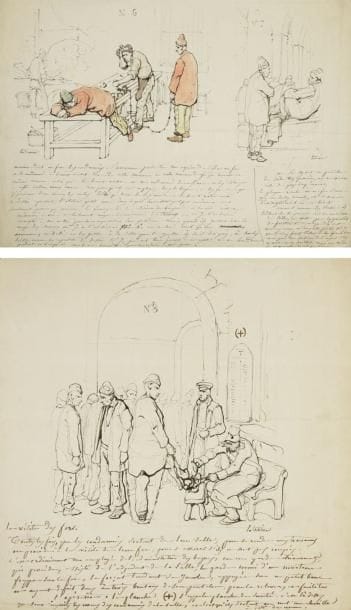 Pierre LETUAIRE (1799-1884) peintre
22 Dessins signés dont un aquarellé, avec légendes autographes; sur 16 ff. de formats divers. Magnifique série d?illustrations, véritable reportage sur le Bagne de Toulon par ce peintre toulonnais.{CR}Les dessins à l?encre, dont certains sont rehaussés par un léger lavis, sont accompagnés de légendes très détaillées; nous citons l?exemple du premier dessin: «Les condamnés arrivent par la voiture cellulaire, jusque dans le port. Là ils sont reçus par un commis de l?administration du bagne, et plus souvent par le chef des rames. Ils descendent de la voiture, harrassés, les pieds sont enflés, ils ont de la peine à marcher, on les porte quelquefois jusque dans la chaloupe. Ce sont d?autres forçats qui les soutiennent, dans la chaloupe, il y a les condamnés arrivés, rangés à droite et à gauche sur l?arrière. D?autres forçats sont à leur poste prêts à ramer. La chaloupe est gouvernée par un homme libre de l?administration. Avec eux s?embarquent ensuite les gardes qui ont assisté à la réception»...{CR}Les illustrations suivantes représentent l?arrivée au bagne et présentation au commissaire; la toilette et l?examen médical; la distribution d?habits; l?installation des chaînes et l?attribution d?une place; la visite et le contrôle des fers; le travail sur un chantier naval; la fouille; la cuisine des forçats; la cantine; la célébration d?une messe; la toilette et le rasage; un évadé retrouvé; une séance de bastonnade; un couloir et ses cachots; l?intérieur d?une cellule; la vue extérieure d?une cellule; un forçat mourant à qui porte les sacrements; le transport d?un cercueil; une exécution dans la cour du bagne.{CR}On joint 10 autres dessins signés dont 3 aquarellés, représentant la mise à l?eau d?une frégate, un embarquement de chevaux (avec longue légende autogr.), 5 vues des salles intérieures d?un navire, 2 vues de l?incendie de la rade de Toulon, et 3 personnages dont un forçat (10 pages in-4 et 1 in-plano)