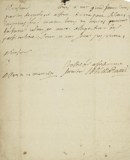 Armand-Jean Le Bouthillier de rancé (1626-1700)
Religieux, réformateur de la Trappe. L.A.S. «L?Abbé De Rancé», Paris 12 mars 1651, à Monsieur Foy, conseiller du Roy; demi-page in-4, adresse. «Jecris a Mr Girad pour vous parler de quelque affere de ma part si vous la pouvez fere comme vous n?y courez aucune fortune je vous en aurai obligation tres particulière»... Une note au dos précise qu?il s?agit de l?acquisition du «lieu dit le Courtil du Cuir». Rare
