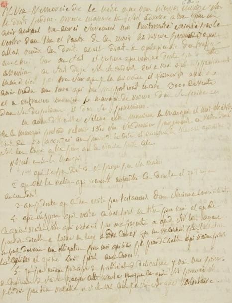 Donatien-Alphonse-François, marquis de SADE (1740-1814)
L.A., [13 mars 1797], au citoyen Gaufridy père à Apt; 2 pages et demie in-4, adresse. Sur la vente du château de La Coste.{CR}Gaufridy lui a envoyé une note sur «les droits perdus», indemnité qui lui appartiendrait si elle était rendue et qu?il n?est pas sûr de vouloir vendre à Rovère, l?acquéreur de La Coste... «j?aimerois assés et avoir vendu une terre qui me rapporteroit encore 3000 de rente et à entraver Monsieur le marquis de Rovere dans ses jouissances, dans son despotisme, et dans ses possessions»... Puis parlant d?une retenue que prétend faire Rovère en raison d?une rente accordée aux pauvres de La Coste, Sade s?y oppose pour plusieurs raisons et notamment, à supposer qu?un tel don existe, «ce n?est point un titre pour moi et que de ce qu?une vieille folle qui n?étoit pas une parente ou que de fort loin, ayant peur du diable a laissé un legs à des curés que ne reconnoit plus la nation ne peut devenir une obligation pour moi qui n?aie pas peur du diable qui n?aime point les églises et qui ne croit point aux curés»... Il attend de l?argent pour le 1er avril, et notamment celui que lui doivent Ripert et les fermiers Audibert et Lombard. Quitte à emprunter, il a besoin de 3000ll pour les premiers jours d?avril et supplie Gaufridy de ne pas perdre une minute...{CR}Correspondance (éd. G. Lély), in Oeuvres complètes (Cercle du livre précieux), t. XII, n° CCLIV, p. 567