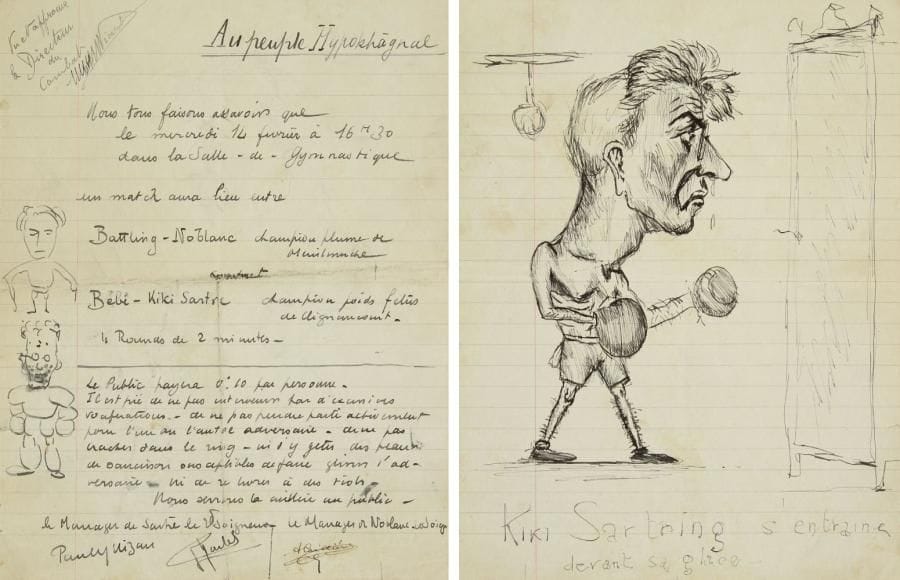 [Jean-Paul SARTRE (1905-1980)]. Paul NIZAN (1905-1940)
Dessin original à la plume, portrait de Jean-Paul Sartre, avec au dos manuscrit autographe signé, [1923]; 22 x 17 cm. Étonnant portrait de Sartre en 1923, en boxeur, dessiné par son ami Paul Nizan, avec cette légende: «Kiki Sartring s?entraîne devant sa glace».{CR}Au verso, Nizan, qui se donne comme «le Manager de Sartre», a rédigé cette annonce Au peuple Hypokhâgnal, avertissant qu?un match aura lieu le 14 février [1923] dans la Salle de Gymnastique «entre Battling-Noblanc champion plume de Ménilmuche et Bébé-Kiki Sartre champion poids fetus de Clignancourt»... Le public est prié «de ne pas intervenir par d?excessives vociférations - de ne pas prendre parti activement pour l?un ou l?autre adversaire - de ne pas cracher dans le ring - ni d?y jeter des peaux de saucisson susceptibles de faire glisser l?adversaire - ni de se livrer à des viols»... En marge, portraits des deux adversaires.{CR}Ce document a été reproduit dans l?Album Sartre de la Pléiade (p. 37 et 40)