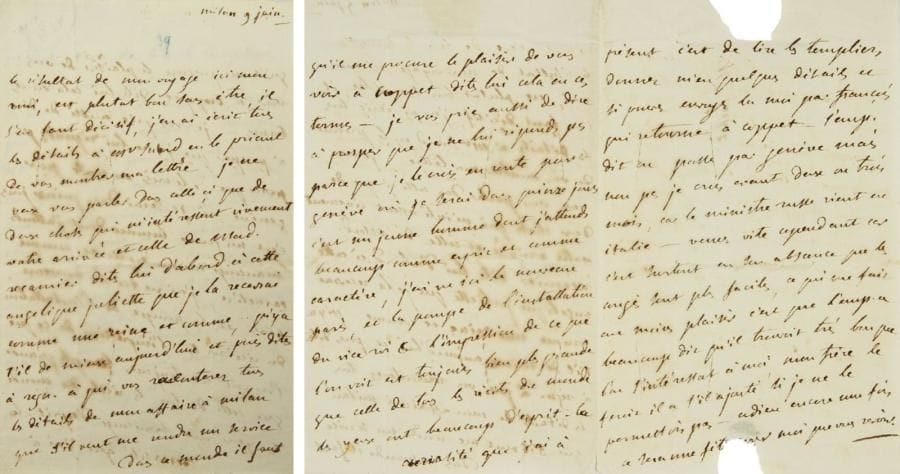 Germaine de STAËL (1766-1817)
L.A., Milan 9 juin [1805], à Claude Hochet; 3 pages in-8, adresse (2 petites déchirures par bris de cachet, et légères fentes de désinfection). Belle lettre sur Madame Récamier et sur Napoléon.{CR}«Le résultat de mon voyage ici mon ami, est plutot bon sans être, il s?en faut décisif, j?en ai écrit tous les détail à Mr Suard», qui lui montrera la lettre. Elle attend impatiemment l?arrivée d?Hochet et de Madame Récamier à Coppet: «Dites lui d?abord à cette angélique Juliette que je la recevrai comme une reine et comme ... Qu?y a-t-il de mieux aujourd?hui»... Elle pense que Prosper de Barante est en route pour Genève «où je serai dans quinze jours c?est un jeune homme dont j?attends beaucoup comme esprit et comme caractère, j?ai vu ici le nouveau Paris, et la pompe de l?installation du vice-roi & l?impression de ce que l?on voit est toujours bien plus grande que celle de tous les récits du monde, les yeux ont beaucoup d?esprit»... Elle voudrait lire Les Templiers [la tragédie de Raynouard]. Puis elle parle de Napoléon: «L?emp. dit on passe par Genève mais non pas je crois avant deux ou trois mois, car le ministre russe vient en Italie ? Venez vite cependant car c?est surtout en son absence que les congés sont les plus faciles, ce qui me fait au moins plaisir c?est que l?emp. a beaucoup dit qu?il trouvait très bon que l?on s?intéressat à moi, mon frère le feroit-il a-t-il ajouté si je ne le permettois pas»...{CR}Correspondance générale, t. V (2), p. 585. Ancienne collection Daniel Sickles (XIX, 8601)