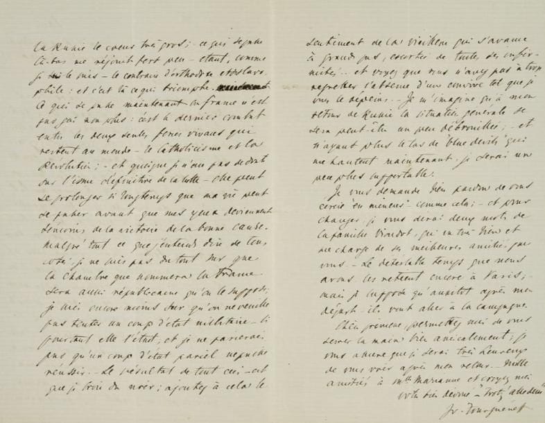 Ivan TOURGUENIEV (1818-1883)
L.A.S., Paris Mercredi 23 mai 1877, [à la princesse Troubetzkoï]; 3 pages in-8; en français. Très belle sur la situation en Russie et en France.{CR}En dépit d?une violente attaque de goutte dans les deux pieds, il va partir pour la Russie, où des affaires l?appellent impérieusement... «Je pars pour la Russie le coeur très gros; - ce qui se passe là-bas me réjouit fort peu - étant, comme je le suis - le contraire d?orthodoxe et de slavophile: et c?est là ce qui triomphe. Ce qui se passe maintenant en France n?est pas gai non plus: c?est le dernier combat entre les deux seules forces vivaces qui restent au monde - le Catholicisme et la Révolution; - et quoique je n?aie pas de doute sur l?issue définitive de la lutte - elle peut se prolonger si longtemps que ma vie peut se passer avant que mes yeux deviennent témoins de la victoire de la bonne cause. Malgré tout ce que j?entends dire de tous cotés, je ne suis pas du tout sur que la Chambre que nommera la France sera aussi républicaine qu?on le suppose; je suis encore moins sur qu?on ne veuille pas tenter un coup d?etat militaire - si pourtant elle l?était; et je ne parierais pas qu?un coup d?état pareil ne puisse réussir. - Le résultat de tout ceci - est que je broie du noir; ajoutez à cela le sentiment de la vieillesse qui s?avance à grands pas, escortée de toutes ses infirmités [...] Je m?imagine qu?à mon retour de Russie la situation générale se sera peut-être un peu débrouillée; et n?ayant plus le tas de "blue devils" qui me hantent maintenant, je serai un peu plus supportable»... Il donne des nouvelles de la famille Viardot...{CR}Ancienne collection Dina Vierny (1996, n° 146)