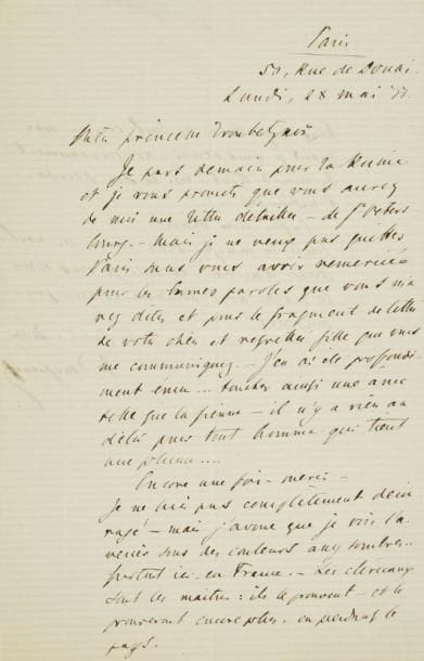 Ivan TOURGUENIEV (1818-1883)
L.A.S., Paris Lundi 28 mai 1877, à la princesse Troubetzkoï; 1 page et demie in-8; en français. Il part demain pour la Russie, et lui promet une lettre détaillée de Saint-Petersbourg... «Mais je ne veux pas quitter Paris sans vous avoir remerciée pour les bonnes paroles que vous m?avez dites et pour le fragment de lettre de votre chère et regrettée fille que vous me communiquez. - J?en ai été profondément ému... toucher ainsi une âme telle que la sienne - il n?y a rien au delà pour tout homme qui tient une plume.... Encore une fois - merci»... Puis il commente la situation en France, après la crise du 16 mai: «Je ne suis pas complètement découragé - mais j?avoue que je vois l?avenir sous des couleurs assez sombres... surtout ici: en France. - Les cléricaux sont les maîtres: ils le prouvent - et le prouveront encore plus, en perdant le pays. Nous reparlerons de tout ceci - mais quand je vous verrai - au commencement du mois d?Aout - rien ne sera décidé... à moins que - Enfin nous verrons»...{CR}Ancienne collection Dina Vierny (1996, n° 147)
