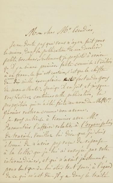 Louis BLANC (1811-1882) historien et homme politique
L.A.S., Londres 12 septembre 1848, à son éditeur Escudier, à Paris; 3 pages et demie in-8, enveloppe. La publication de sa dernière brochure l?a déçu, mais puisque M. Escudier désire la continuer, la proposition de MM. Garnier restera non avenue. «Je vous autorise à terminer avec Mr Parmentier l?affaire relative à L?Organisation du travail. [...] Pour ce qui est de la brochure sur la présidence, je crois vous avoir dit que c?était un petit cadeau que j?entendais faire à une association d?ouvriers. Il ne s?agit pas, du reste, d?un ouvrage dans les formes, mais de quelques pages seulement, auxquelles, d?ailleurs, le vote sur la présidence ôtera, je le crains bien, la valeur de l?à-propos». Il l?a promise à «une librairie sociale, annexée aux corporations»... Il parle enfin des journaux anglais