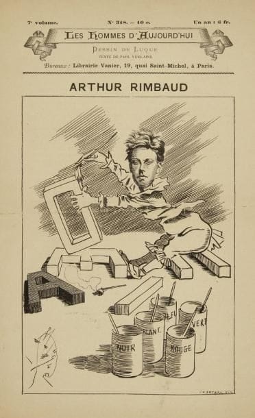Paul VERLAINE
Les Hommes d?Aujourd?hui. N° 318. Arthur Rimbaud [janvier 1888]. In-4, 4 p. (fente au pli réparée). Exemplaire d?épreuve, avec le frontispice en noir de Luque représentant Rimbaud barbouillant des lettres.{CR}Correction autographe de Verlaine, rectifiant une citation du sonnet des Voyelles.{CR}Ancienne collection Jean Hugues (1998, 20)