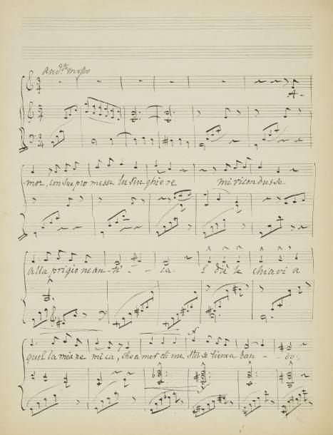 Pauline viardot (1821-1910)
Manuscrit musical autographe signé, Amor, con sue promesse; titre et 2 pages in-fol. Mélodie pour chant et piano, sur les paroles italiennes d?un sonnet de Pétrarque: «Amor, con sue promesse lusinghiere»... En do, à 3/4, marquée Andante mosso, elle compte 51 mesures. Le manuscrit est noté avec soin à l?encre noire sur papier Lard-Esnault à 14 lignes