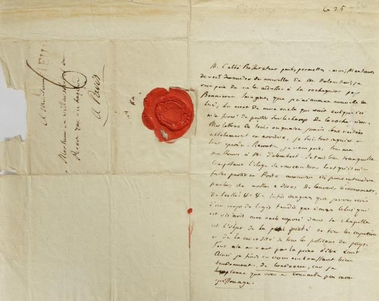 Jean-Antoine-Nicolas Caritat, marquis de CONDORCET (1743-1794)
L.A.S., [Lisieux] ce 25 [septembre 1783], à M. de Villars; 1 page in-8, adresse, cachet cire rouge aux armes. L?abbé Bossut étant parti, il lui demande des nouvelles de d?Alembert. «Imaginez que je n?ai aucune nouvelle de lui, la mort de mon oncle qui etait eveque ici m?a forcé de partir sur le champ de La Rocheguion. [...] je suis tout inquiet et tout eperdu. Racontez, je vous prie, tous mes malheurs à M. d?Alembert. J?etais bien tranquille composant l?éloge de Vaucanson, lorsqu?il m?a fallu partir en poste accourir ici pour entendre parler, de messes a dire, de convoi, d?economats, de scellés &c &c. Enfin imaginez que je vous écris d?un corps de logis tandis que dans celui qui est vis à vis mon oncle exposé dans la chapelle est l?objet de la piété de tous les capucins et de la curiosité de tous les poliçons du pays»...{CR}Ancienne collection Robert Gérard (1996, 135)