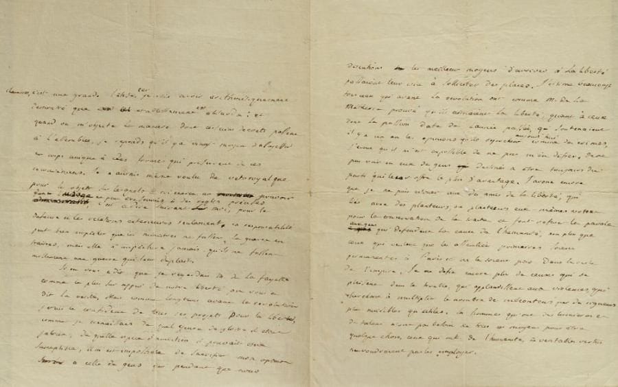 Jean-Antoine-Nicolas Caritat, marquis de CONDORCET (1743-1794)
L.A.S., [Paris 1790, au médecin et naturaliste Jean-Claude de La Métherie]; 3 pages et demie in-4. Superbe profession de foi sur la Révolution.{CR}Il débute en déclarant qu?il ne se soucie d?aucun titre, mais n?approuve pas les motions pour les détruire: «il doit être permis à tout le monde d?ajouter un sobriquet à son nom, et il n?importe qu?il soit placé avant ou après. Ne genons en rien les actions privées qui ne blessent point le droit d?autrui»... Il cite l?exemple des Américains, et suggère «un système regulier» de nom comme chez les Romains: «Mais point de nom de Baptême, parce que la Theologie ne vaut pas mieux que la féodalité».{CR}On a dû le calomnier: «je sais qu?une cabale qui cherche a rendre odieux ou suspects ceux qui ont le mieux servi la cause de la liberté, me fait l?honneur de me ranger dans cette classe». Il repousse le système des deux chambres: «je crois avoir arithmétiquement demontré que cet établissement est absurde»... Il y a des moyens de se garantir des inconvénients d?une assemblée unique; et il n?aurait du véto royal que pour les questions de défense et de relations extérieures.{CR}Il regarde La Fayette «comme le plus sur appui de notre liberté»; il le connaît depuis «longtems avant la revolution»... S?il estime ceux qui, comme son correspondant, ont prouvé avant la révolution qu?ils aimaient la liberté, il ne peut que se défier de ceux «qui soutenaient il y a un an les opinions qu?ils reprochent aujourd?hui comme des crimes»... Il ne peut considérer comme des «amis de la liberté» ceux qui, notamment les planteurs et leurs amis députés, votent pour la traite des noirs et refusent la parole aux défenseurs de «la cause de l?humanité»; ni ceux qui voudraient instaurer une inégalité électorale entre Paris et le reste de l?empire. «Je me defie encore plus de ceux qui se plaisent dans le trouble, qui applaudissent aux violences, qui cherchent à multiplier le nombre de mécontens par des rigueurs plus nuisibles qu?utiles. Les hommes qui ont des