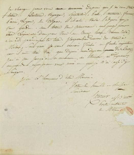 Paul-Louis COURIER (1772-1825)
L.A.S., Lyon 14 frimaire VII (4 décembre 1798), au citoyen Clewaski [Adam Klewanski] à Toulouse; 2 pages et demie in-4, adresse (un peu tachée, petite déchir. par bris de cachet). Belle et rare lettre à son ami helléniste, fils naturel du prince Adam Czartoryski.{CR}«Si jamais lettre m?a fait plaisir, c?est celle que j?ai reçue de vous, [...] et si jamais j?ai maudit le vacarme de Paris, les affaires, les plaisirs, les voyages, c?est lorsqu?ils m?ont ôté le repos et la liberté d?esprit que j?ai toujours désiré pour m?entretenir avec vous». Il l?avait reçue avant son départ de Rennes, et pensait répondre de Paris, «croyant qu?il ne me faudrait pour cela que de l?encre et du papier. Ce fut le temps qui me manqua, chose rare en ce pays-là où on en perd plus qu?ailleurs. De Paris je suis venu ici où les premiers moments que je puis arracher à des affaires odieuses et à des conversations humiliantes pour un homme accoutumé à causer avec vous, je les emploie, non à vous répondre (c?est un plaisir que je ne puis goûterà mon aise et sans distractions), mais à vous apprendre que je m?y prépare [...] rien au monde ne peut me faire plus plaisir qu?une correspondance comme la vôtre»; et il évoque «le souvenir des heures agréables que j?ai passées dans votre entretien».{CR}«J?aime fort le récit que vous me faites de vos courses dans les Pyrénées; mais pourquoi faut-il que l?idée de ce charmant voyage vous soit venue si tard». Ils auraient pu aller ensemble à Bagnères: «Ainsi je m?en prends à mon étoile, et j?accuse les dieux qui, pour quelques raisons que nous ignorons, ne veulent pas apparemment nous voir ensemble si près d?eux, non plus que Castor et Pollux. C?est tout ce que je veux vous dire quant à présent sur cet article, me réservant à payer bientôt vos descriptions des Pyrénées, d?une histoire de mes voyages, accidents, fortunes diverses depuis Rennes jusqu?à Rome, où je vais par ordre du Ministre»... Et il cite quelques vers d?Horace... «Me pardonnerez-vous toutes ces c