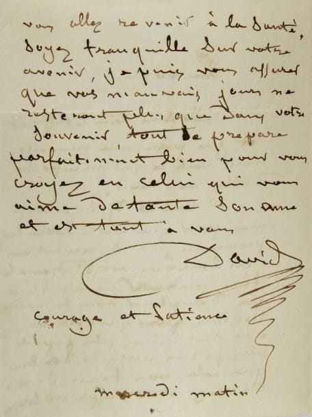 Pierre-Jean david d?angers (1788-1856)
2 L.A.S., [1841], à Aloysius Bertrand et à Mme Bertrand mère; 2 pages in-12 et 2 pages in-8, adresses. Sur Gaspard de la nuit [publié en 1842, à titre posthume, avec une préface de Sainte-Beuve].{CR}Mercredi matin [mars ou avril 1841]. Il conseille à Bertrand de lui envoyer sa lettre pour Renduel afin que Sainte-Beuve la lui fasse passer: «N?oubliez pas d?employer tous les moyens possibles pour que votre manuscrit vous soit rendu, plus j?y pense plus je suis persuadé du bien que cela vous ferait si votre ouvrage était imprimé lorsque vous allez revenir à la santé. Soyez tranquille sur votre avenir, je puis vous assurer que vos mauvais jours ne resteront plus que dans votre souvenir, tout se prépare parfaitement bien pour vous»...{CR}Samedi matin [8 mai 1841]. Il engage la mère du poète [mort depuis huit jours] à écrire à Renduel «de la manière la plus persuasive possible, Mr Sainte Beuve pense qu?après le malheur qui vient de vous arriver il est impossible que Mr Renduel ne vous envoye pas de suite le manuscrit de votre fils»...{CR}Ancienne collection Joseph Dumas (1998, 491)
