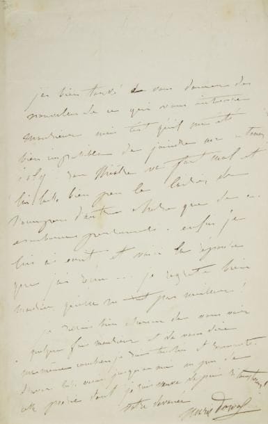 Marie dorval (1798-1849)
L.A.S., [1841 ?]; 1 page in-8. Elle a tardé à donner des nouvelles de ce qui intéresse son correspondant, mais elle n?a pu joindre M. Anténor Joly: «Son théâtre va fort mal et lui laisse bien peu de loisirs de s?occuper d?autre chose que de ses embarras personnels. Enfin je lui ai écrit, et voici la réponse que j?ai reçue... Je regrette bien monsieur, qu?elle ne soit pas meilleure !Je serais bien charmée de vous voir quelque fois monsieur et de vous dire moi-même combien je suis touchée et reconnaissante d?avoir laissé venir jusqu?à moi un peu de cette poésie dont je suis veuve depuis si longtems !»
