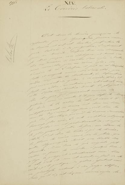 Jean-Henri FABRE (1823-1915)
Manuscrit autographe signé, Le Cercéris tuberculé; 13 pages petit in-fol., sous chemise toilée. Chapitre complet pour les Souvenirs entomologiques.{CR}Ce chapitre, ici numéroté XLV, correspond, avec des variantes, aux chapitres IV et V de la Première Série des Souvenirs entomologiques (1879): «Le Cerceris tuberculé», et «Un savant tueur».{CR}Cette étude est consacrée au Cercéris tuberculé, un «hyménoptère fouisseur», mais révèle aussi la méthode d?observation et de travail du grand entomologiste. Fabre commente les travaux du naturaliste Léon Dufour et ses propres observations et expériences sur le comportement de cet insecte dans la construction de ses galeries, creusées pour y déposer ses larves qu?il nourrit avec des charançons. «C?est dans la dernière quinzaine de septembre que cet Hyménoptère fouisseur creuse ses terriers, et enfouit sous leur profondeur la proie destinée à sa progéniture»... Fabre raconte longuement comment il a pu observer cet insecte sauvage et solitaire en lui livrant des charançons, et comment il tue ses proies