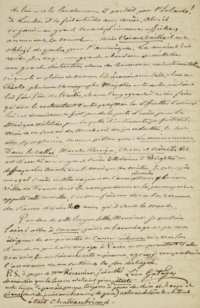 Léon GATAYES (1805-1877) harpiste et publiciste
L.A.S., Paris 23 novembre 1860; 4 pages in-8. Très intéressante et longue lettre de ce curieux personnage, harpiste et cavalier, critique musical et chroniqueur hippique. Il recopie la notice que lui a consacrée Vapereau, la faisant suivre de nombreuses rectifications et précisions, sur ses professeurs de harpe, sur sa passion et sa pratique de l?équitation, etc. Après avoir tracé également la biographie de son frère Félix, pianiste et compositeur, élève de Liszt, il rappelle qu?il a été le professeur de harpe de Mme Récamier: «les leçons n?étaient qu?un prétexte. Notre temps se passait presque toujours à jouer des duos de harpe et piano (dont elle jouait avec beaucoup de goût). Notre auditoire habituel était Chateaubriand»
