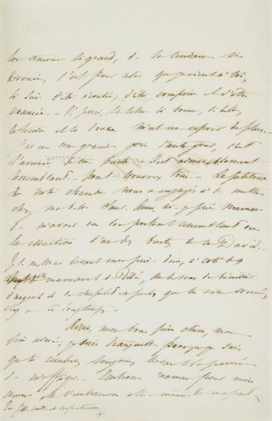 Léopoldine HUGO (1824-1843)
Fille aînée de Victor Hugo, morte noyée à Villequier. L.A.S. «L», [27 avril 1843], à son père Victor Hugo; 3 pages in-8, adresse. Belle et rare lettre de la jeune mariée à son père (elle mourra le 4 septembre).{CR}L?opposition inattendue de son père au prochain départ de sa mère est le premier chagrin qu?elle éprouve depuis deux mois: «je t?en conjure, mon père chéri, laisse venir Maman ! - Je ne te demande pas de l?accompagner puisque tu as déjà ajourné ce bonheur, je fais taire en moi toutes mes tentations de supplications et de prières. - Je ne veux pas être importune et fatigante, seulement je te demande tout de suite Maman, mon frère et ma soeur ! [...] Laisse-moi jouir de leur venue, laisse-moi leur parler de toi, eux qui seront tout imprégnés de ta présence, et qui m?apporteront aussi quelques-uns de tes baisers. Que je ne me dise pas, que je ne suis plus pour vous un enfant aussi chéri que mes frères [...] Oh ! mon bon père, je n?ai jamais douté de ton amour si grand, de ta tendresse si dévouée, c?est pour cela que je viens à toi, si sûre d?être écoutée»... Le buste de son père, «admirablement ressemblant», lui est parvenu; elle demande son portrait, ou une réduction d?un buste de David (d?Angers): «Je le mettrai devant mon prie-Dieu, à côté des portraits de Maman et de Dédé, au-dessus du bénitier d?argent et du chapelet en perles que tu m?as donnés il y a si longtemps»...{CR}Correspondance (éd. P. Georgel), p. 402