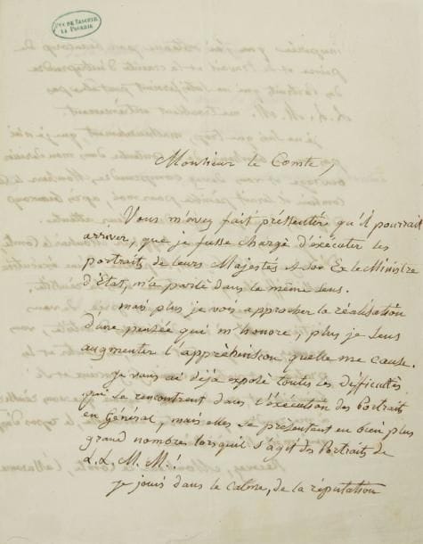 Jean-Dominique INGRES (1780-1867)
L.A.S., 11 décembre 1854, [au comte de Nieuwerkerke, directeur général des Musées impériaux, intendant des beaux-arts de la Maison de l?Empereur]; 2 pages et demie in-4 (cachet de collection Duc de Tascher La Pagerie). Intéressante lettre pour refuser de faire les portraits de Napoléon III et Eugénie.{CR}Le comte et le Ministre d?État ont fait pressentir à Ingres qu?il pourrait être «chargé d?exécuter les portraits de leurs Majestés [...] Mais plus je vois approcher la réalisation d?une pensée qui m?honore, plus je sens augmenter l?appréhension qu?elle me cause. Je vous ai déjà exposé toutes les difficultés qui se rencontrent dans l?exécution des portraits en général, mais elles se présentent en bien plus grand nombre lorsqu?il s?agit des portraits de L.L. M.M. ! Je jouis dans le calme, de la réputation inespérée que j?ai obtenue par beaucoup de peine et de travail et la crainte d?entreprendre des portraits qui ne satisferoient peut-être pas L.L. M.M. me troublent extrêmement. Je ne sais que trop, malheureusement, que je n?ai pas eu le bonheur de les contenter dans mon dernier ouvrage et vous devez comprendre [...] combien il serait pénible pour moi, après beaucoup d?efforts, de ne pas répondre à leur attente»...{CR}Il supplie le comte «d?éloigner, s?il se peut, la pensée, d?une exécution aussi difficile, qu?incertaine dans sa réussite. Pardonnez-moi, je vous prie, de vous initier ainsi, à mes délicatesses d?artiste, vous pouvez, plus que tout autre, les sentir et les protéger»