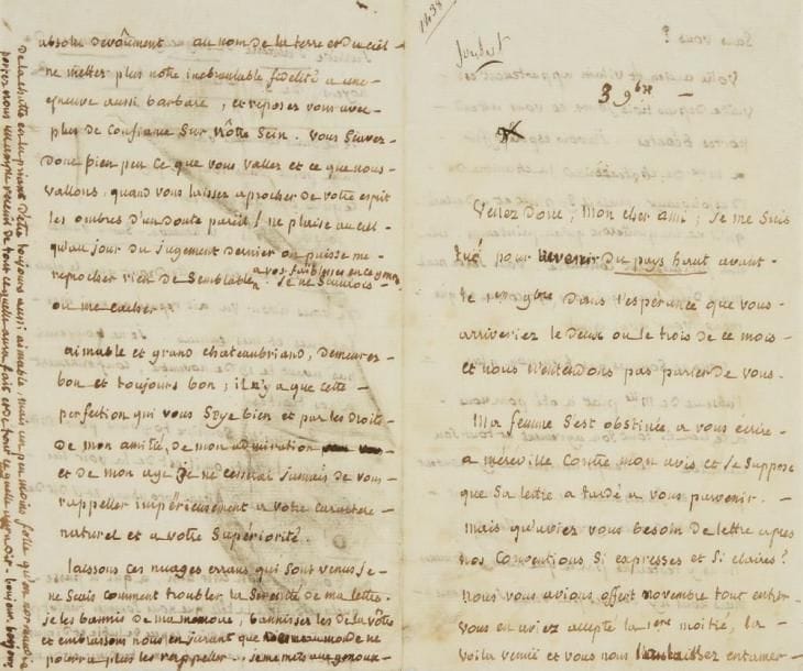 Joseph JOUBERT (1754-1824)
L.A., 3 novembre [1816], à François-René de Chateaubriand; 4 pages in-8, avec le nom de «Joubert» inscrit par Chateaubriand en tête (lég. salissure). Belle lettreinédite d?amitié à Chateaubriand.{CR}Il exhorte son ami à venir chez lui avec Mme de Chateaubriand, multipliant les signes d?hospitalité et de désir de réparer ses fatigues et ses ennuis. «Bonjour, mon cher ami, à qui il passe quelquefois par la tête que nous sommes tantôt plus tantôt moins vos amis; un peu de lubie et d?injustice que je vous passe par l?excès de ma tendresse et de mon absolu dévoûment - au nom de la terre et du ciel. Ne mettez plus votre inebranlable fidelité à une épreuve aussi barbare, et reposez vous avec plus de confiance sur nôtre sein. Vous scavez donc bien peu ce que vous vallez et ce que nous vallons, quand vous laissez aprocher de votre espoir les ombres d?un doute pareil ! Ne plaise au Ciel qu?au jour du jugement dernier on puisse ne reprocher rien de semblable à vos faiblesses en ce genre. Je ne scaurois où me cacher. Aimable et grand Chateaubriand, demeurez bon et toujours bon; il n?y a que cette perfection qui vous seye bien et par les droits de mon amitié, de mon admiration et de mon age je ne cesserai jamais de vous rappeller impérieusement à votre caractere naturel et à votre supériorité. Laissons ces nuages errans qui sont venus je ne scais comment troubler la serenité de ma lettre. Je les bannis de ma mémoire, bannissez les de la vôtre et embrassons nous en jurant que rien au monde ne pourra plus les rappeller»