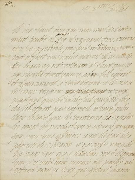 Marie-Madeleine Pioche de La Vergne, Madame de LA FAYETTE (1634-1693)
L.A., [Espinasse] 3 juillet [1657, à Gilles Ménage]; 4 pages in-4 (2 petites taches d?encre); transcription ancienne jointe. Belle lettre à son ami Ménage.{CR}Elle souffre d?un mal de tête... «vous scavés que cest la maladie des beaux esprits et ainsi il faut que jy soye sujette tant que je seray bel esprit et aparament si tant est que je le sois je le seray toujours je croy pourtant que lon se desfait quelque fois du bel esprit par exemple je nay plus dans la teste que les sentences les exploits les arest les productions je n?escri presque que pour mes affaires je ne lis que des papiers de chicane je ne songe non plus ny aux vers ny a litalien ny a lespagnol que si je n?en avois jamais ouy parler cela estant ainsi je croy que quand j?aurois esté bel esprit que je ne le serois plus et que je ne serois qu?un esprit d?affaires asseurement jay fort les miennes dans la teste»...{CR}Elle parle alors longuement et en détail de ce procès concernant les créances de la succession de son beau-père... «Je m?estois toujours bien doutee quil nous faudroit demeurer a ces vieux barbons de la grande chambre et que le conseil mesme nous y renvoiroit». Elle explique comment elle et son mari essaient de plaider la nullité de la saisie faite par Mme Vallier sur leurs terres: «Qu?en la saisie de Valier seroit declarée bonne ladjudication que Mr de La Fayette a obtenue ne seroit pas nulle car Mr de La Fayette cest defendu jusques icy à la grande chambre en qualité d?héritier par benefice dinventaire soutenant que la debte de Valier n?estoit pas légitime [...] C?est une chose admirable que ce que fait linterest que [l?on] prend aux affaires si celle cy n?estoient point les miennes je ny comprendrois que le haut allemand et je les scay dans ma teste comme mon pater et dispute tous les jours contre nos gens d?affaires des choses dont je nay nulle cognoissance et ou mon interest seul me donne de la lumiere. Je suis espouvantee du prix ou sont les charges des Mtres des Requetes cent mille esc