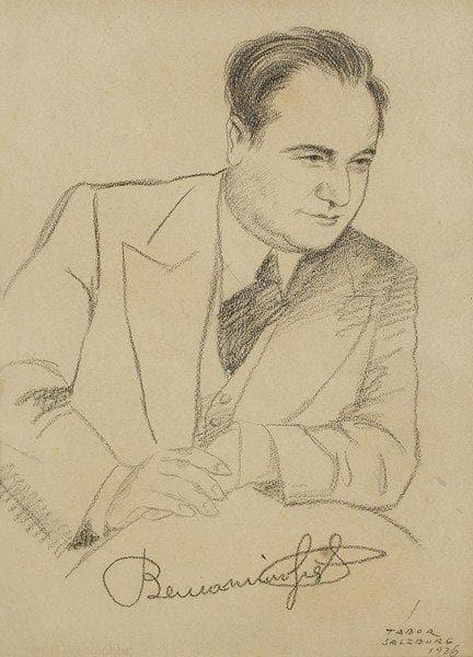 Beniamino GIGLI (1890-1957) ténor italien. Portrait avec signature autographe; crayon noir, 31,5 x 24 cm à vue (encadré).Dessin original par Tabor, signé et daté Salzburg 1936. Grande signature «Benjamino Gigli»