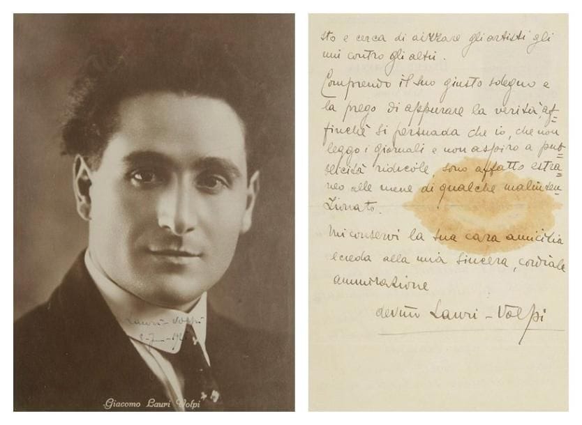 Giacomo LAURI-VOLPI (1892-1979) ténor italien. L.A.S., New York 13 janvier 1929, à la soprano Rosa Ponselle; 2 pages grand in-8, en-tête et vignette Hotel Ansonia New York; en italien (tache).Il se désole de la polémique relayée par un journal de New York, au sujet d?un incident sur lequel il s?est déjà expliqué et qu?il considère comme terminé [On l?avait accusé de vouloir mettre en difficulté sa partenaire Rosa Ponselle en tenant la note plus longtemps qu?elle pendant leur duo d?Il Trovatore]. Il s?excuse encore de ce scandale auprès de son amie, désolé de lui causer involontairement de la peine...On joint une photographie signée et datée du 8 juin 1925; 3 nos du journal L?Éventail des 1er, 15 et 22 avril 1949 (articles sur Lauri-Volpi); et 2 ouvrages de Lauri-Volpi: Voci parallele (Garzanti, 1955) et L?Equivoco (Bologna, Bongiovanni, 1979)