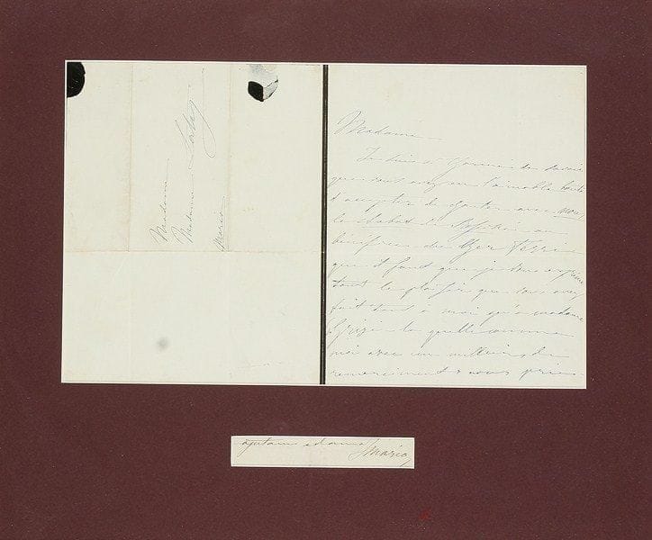 Giovanni Mario di Candia, dit MARIO (1810-1883) ténor italien. L.A.S., Paris 19 mars 1843 (?), à Mme Laty; 3 pages in-8 (petit deuil), adresse (encadrée avec petite p.a.s.).Il la remercie d?avoir accepté de chanter avec eux le Stabat Mater de Rossini pour le bénéfice du cher Ferri; elle lui a fait le plus grand plaisir, ainsi qu?à G. Grisi..