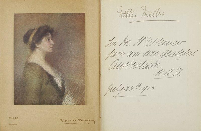Nellie MELBA. Melba?s Gift Book of Australian Art and Literature (Melbourne, George Robertson and Co., [1915 ?]); in-4, 176 p. plus 33 planches, avec reproduction de son ex-libris sur la garde, cartonnage d?éditeur à son monogramme.Anthologie d?écrivains et artistes australiens, publiée à tirage restreint au bénéfice du Belgian Relief Fund. Signature autographe de la chanteuse en haut du feuillet d?envoi.On joint une P.A.S. de dédicace sur papier à son chiffre, Londres 1903 (encadrée)