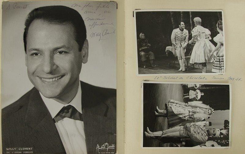 OPÉRETTE. 2 albums de photographies, 1959-1966.Photographies de spectacles donnés à Verviers de 1959 à 1966 (Frédérique, Victoria et son hussard, La Veuve joyeuse, Andalousie, Hans le joueur de flûte, Chanson d?amour, Ciboulette, Phi-Phi, Les Saltimbanques, etc.), avec de nombreuses photographies dédicacées par les interprètes (Jean Pomarez, Josette Nadal, Claude Carrel, Marcel Amont, Willy Clément, Jack Claret, Henri Bedex, Nicole Broissin, Rudi Hirigoyen, Luis Mariano, André Baugé, etc.)